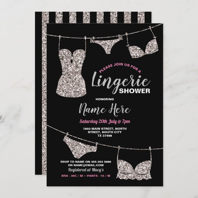 Lingerie Shower Bridal Party Silver Glitter Pink Invitation (Front/Back)