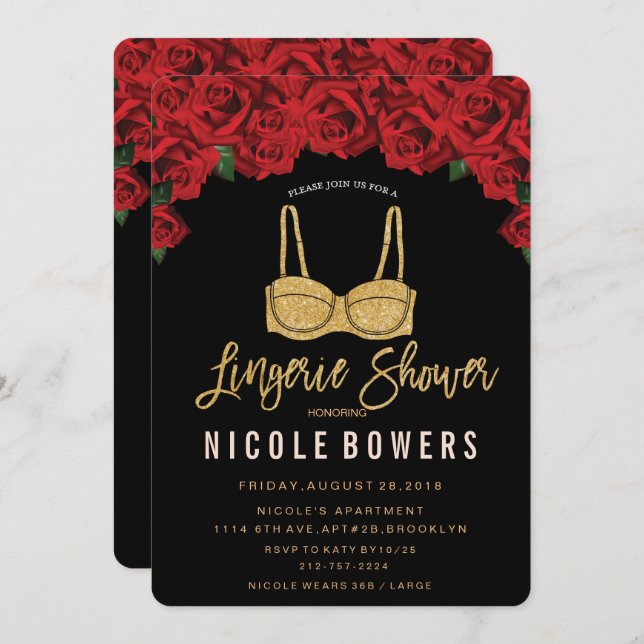 Lingerie Shower Red Roses Glitter Invitation (Front/Back)