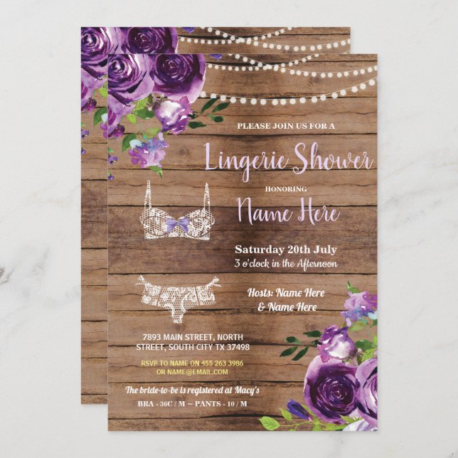 Lingerie Shower Wood Purple Flowers Invitation (Front/Back)