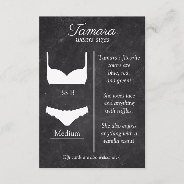 Lingerie Size Chalkboard Insert Card (Front)