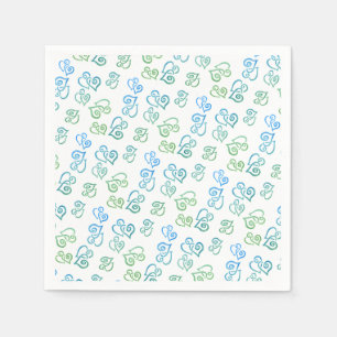 Linked Green Blue Hearts Pattern Over White Party Napkin