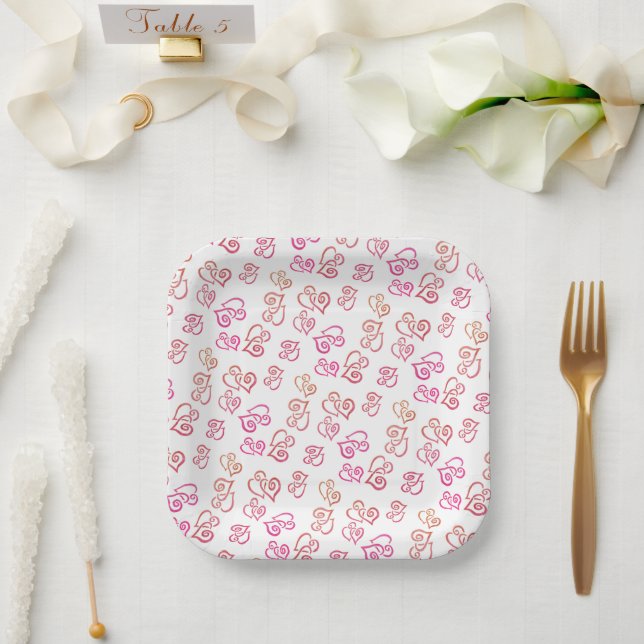 Linked Orange Pink Hearts Pattern Over White Napki Paper Plate (Wedding)