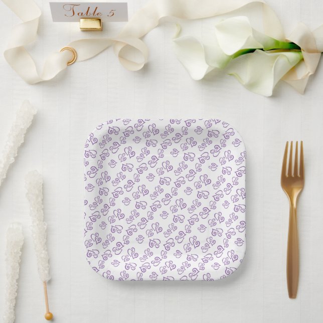 Linked Purple Heart Pattern Over White Napkins Paper Plate (Wedding)