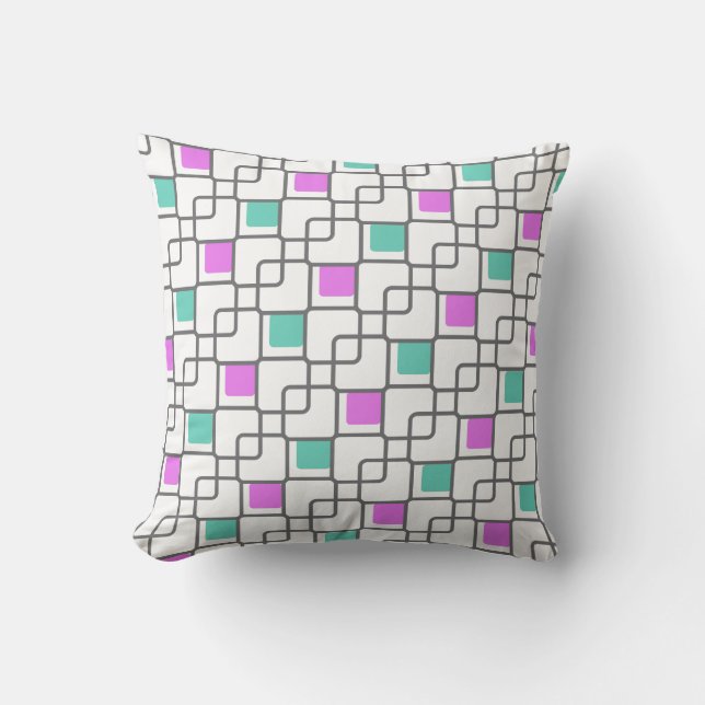 Linked squares pattern grey teal purple pillow (Front)