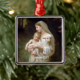 L'innocence Mother Mary and Jesus Custom Text Year Metal Ornament