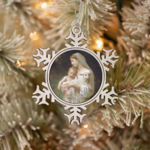 L'innocence Mother Mary and Jesus Custom Text Year Snowflake Pewter Christmas Ornament