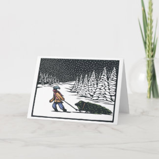 Linocut:  Boy Pulling Christmas Tree from Forest b Holiday Card