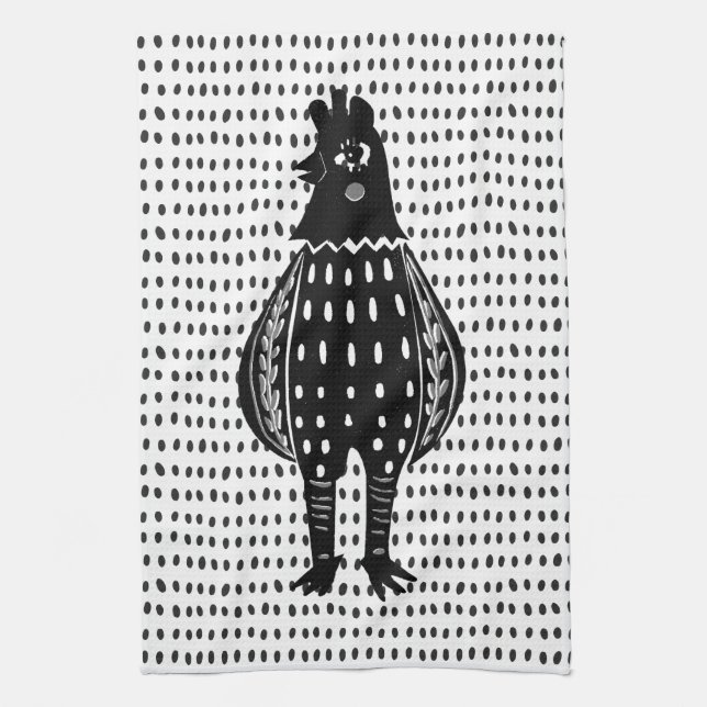 Linocut Chicken Tea Towel (Vertical)