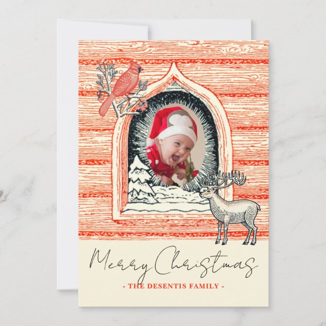 Linocut Country Log Cabin Christmas Photo Holiday Card (Front)