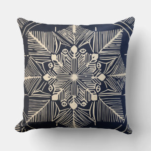 linocut design of a snowflake, simple, clean lines cushion