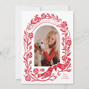 Linocut lovebirds and roses arched photo design