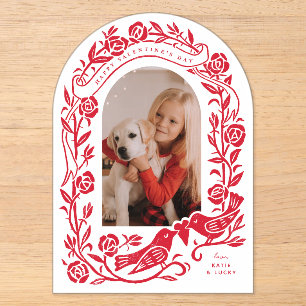 Linocut lovebirds and roses arched photo design acrylic invitations