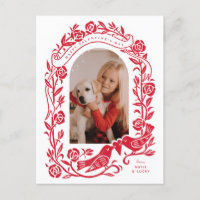 Linocut lovebirds and roses arched photo design