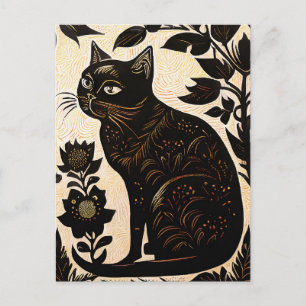 Linocut of a Black Cat Among Flowers Postcard