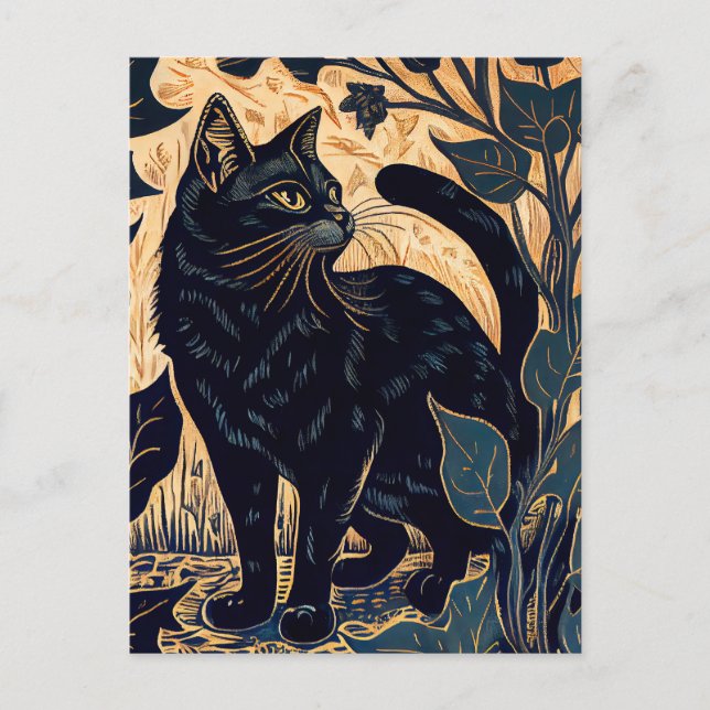 Linocut of a Black Cat Among Plants with Yellow Ba Postcard (Front)