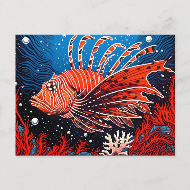 Linocut of a Lionfish in the Coral Reef Postcard (Front)