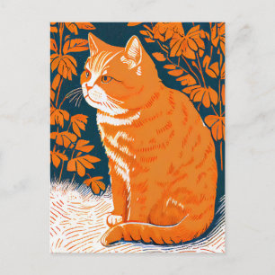 Linocut of a Red Cat Among Grasses Postcard