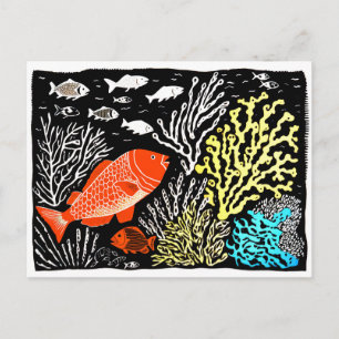 Linocut of Red Fish Swimming in Coral Reef Postcard