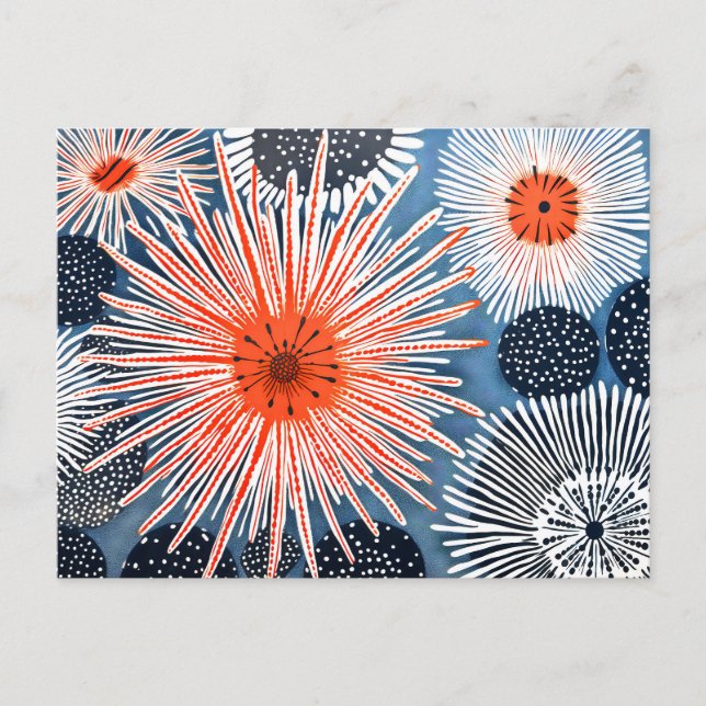 Linocut of Various Sea Urchins on a Blue Postcard (Front)