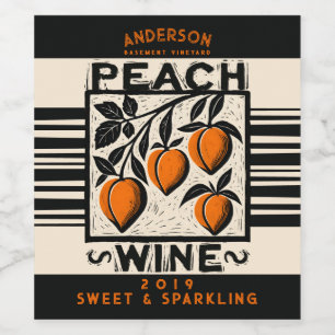 Linocut peach homemade wine shrub cordial wine label