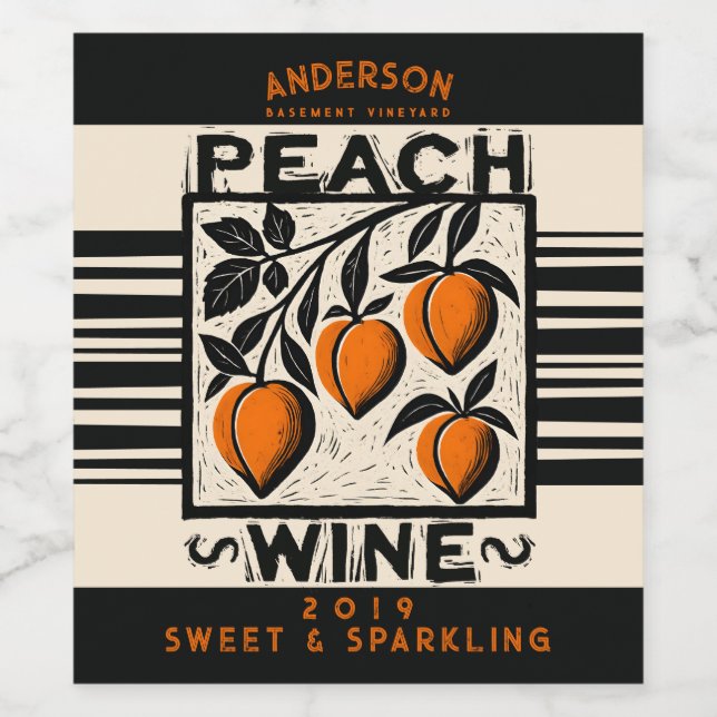 Linocut peach homemade wine shrub cordial wine label (Single Label)