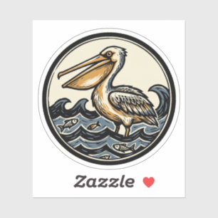 Linocut Pelican and Waves Woodcut Sticker