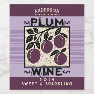 Linocut plum homemade wine shrub cordial wine label