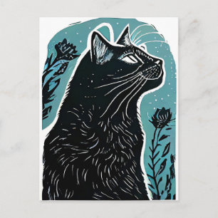 Linocut Portrait of a Cat in Profile Postcard