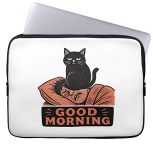 Linocut Sarcastic Black Cat Good Morning Meme Laptop Sleeve
