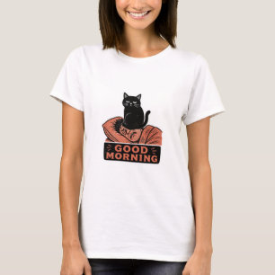Linocut Sarcastic Black Cat Good Morning Meme T-Shirt