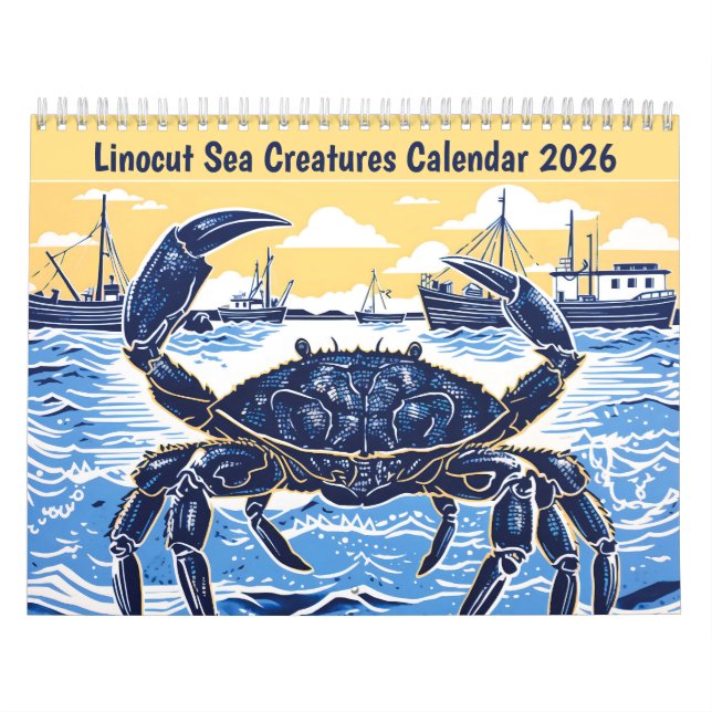 Linocut Sea Creatures Calendar 2026 (Cover)