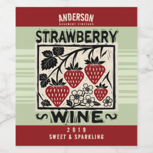 Linocut strawberry homemade wine shrub cordial wine label