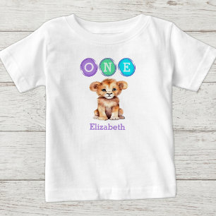 Lion 1st Birthday one with name purple Baby T-Shirt