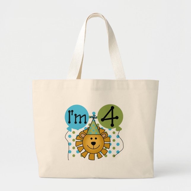 Lion 4th Birthday T-shirts and Gifts Large Tote Bag (Front)