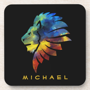 Lion abstract colourful art king crown for men coaster