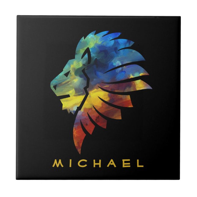 Lion abstract colourful art king crown for men  gl ceramic tile (Front)