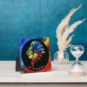 Lion abstract watercolor colourful art king crown plaque