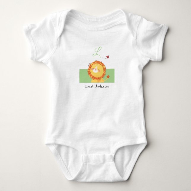 Lion • Add Your Name Cute Alphabet Monogram Baby Bodysuit (Front)