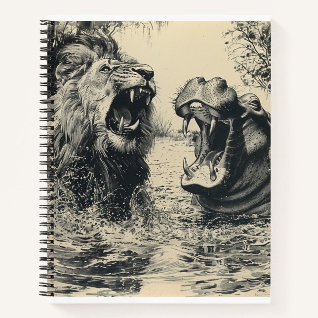 Lion and a Hippo Fighting Notebook (Front)