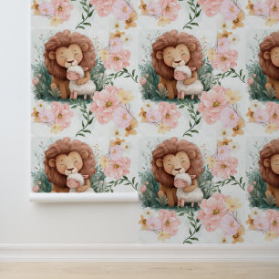 Lion And Baby Lamb Illustration For Nursery Room Wallpaper