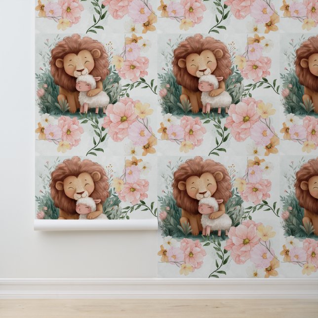 Lion And Baby Lamb Illustration For Nursery Room Wallpaper (Application)