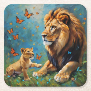 Lion And Cub Square Paper Coaster