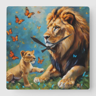 Lion And Cub Square Wall Clock