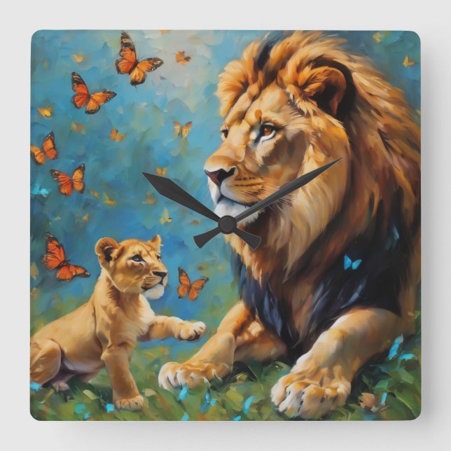 Lion And Cub Square Wall Clock (Front)
