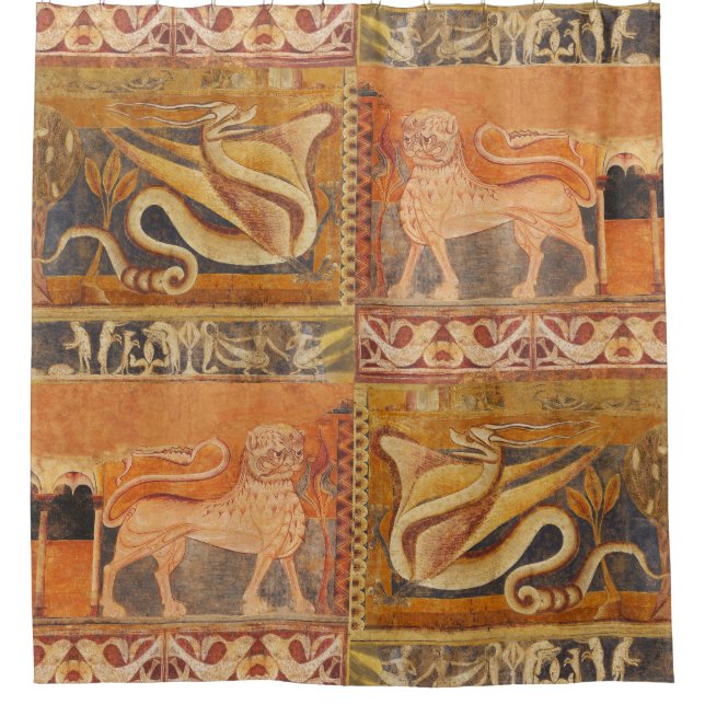 LION AND DRAGON Mediaeval Fresco in Yellow Orange Shower Curtain (Front)