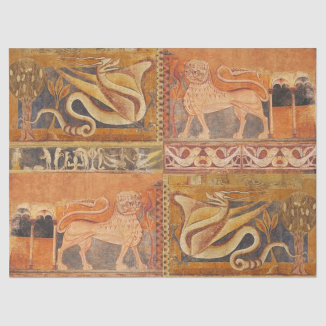 LION AND DRAGON Mediaeval Fresco in Yellow Orange Tissue Paper (Front)