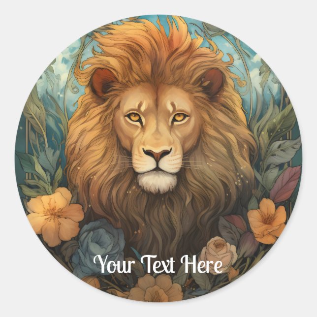 Lion and flowers classic round sticker (Front)