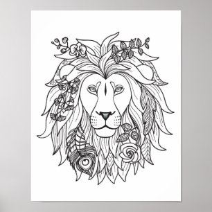 Lion And Flowers Doodle 2 Poster