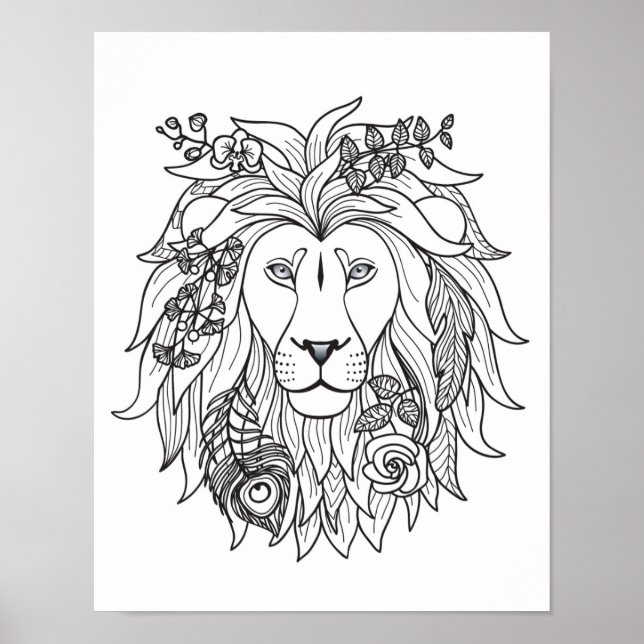 Lion And Flowers Doodle 2 Poster (Front)