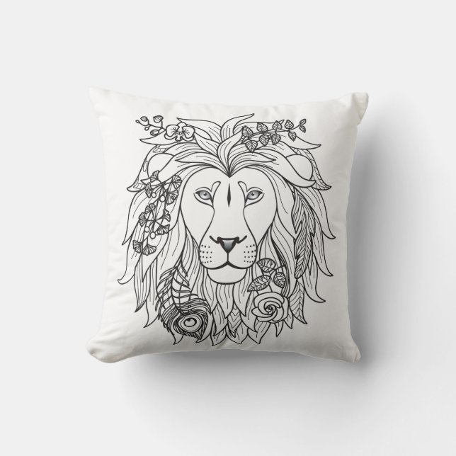 Lion And Flowers Doodle Cushion (Front)